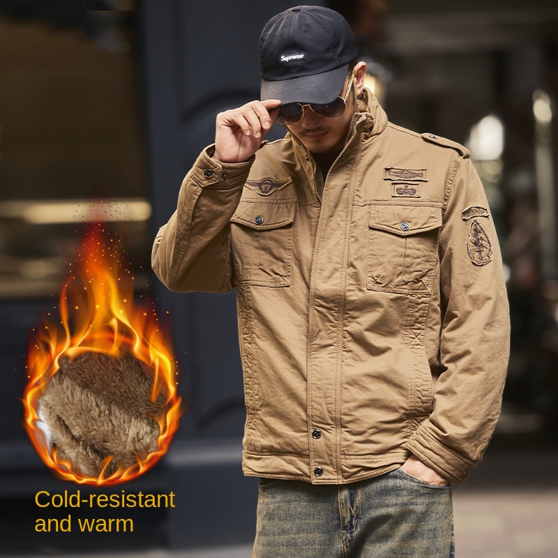 2024 Autumn and Winter Fleece-lined Thickened American Retro Stand Collar Jacket Men's Outdoor Keep Warm Hunting Frock Coat