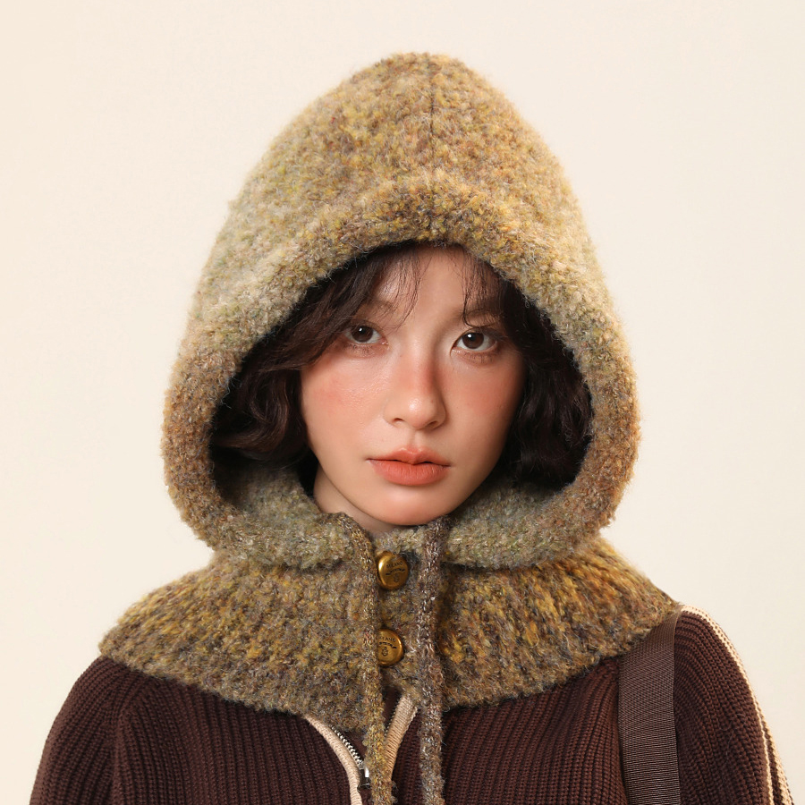 Hat Autumn and Winter Warm Ear Protection Hat Scarf with Wool Included, Warm and Cold proof, Small Face Showing, Hairline Hat