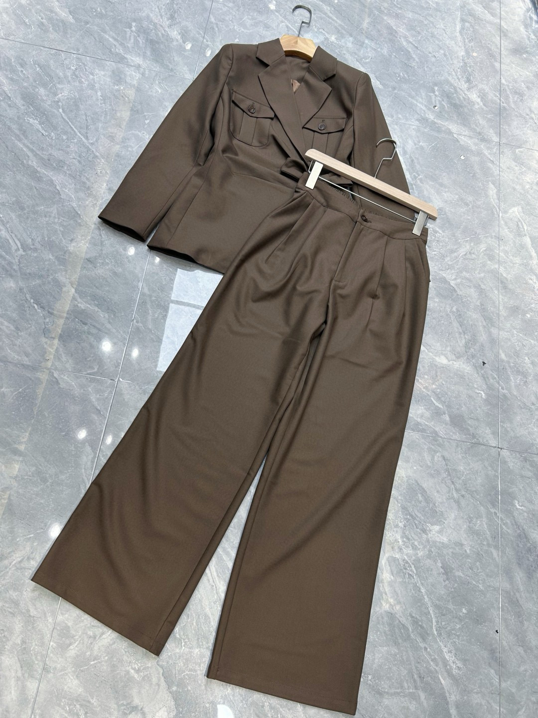Autumn-winter casual women's wool blended wide leg trouser pants suit