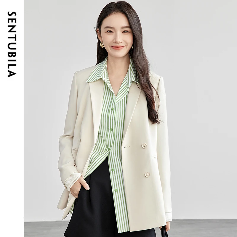 SENTUBILA Retro White Blazers Women's 2025 Autumn Commute Long Sleeves Double Breasted Suits Jackets Simple Luxury 151X57759