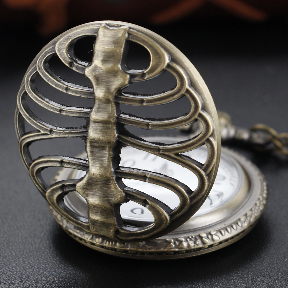Exquisite Hollow Strange Skeleton Rib Shape Quartz Pocket Watch Vintage Bronze Fob Chain Necklace Men's and Children's Gift