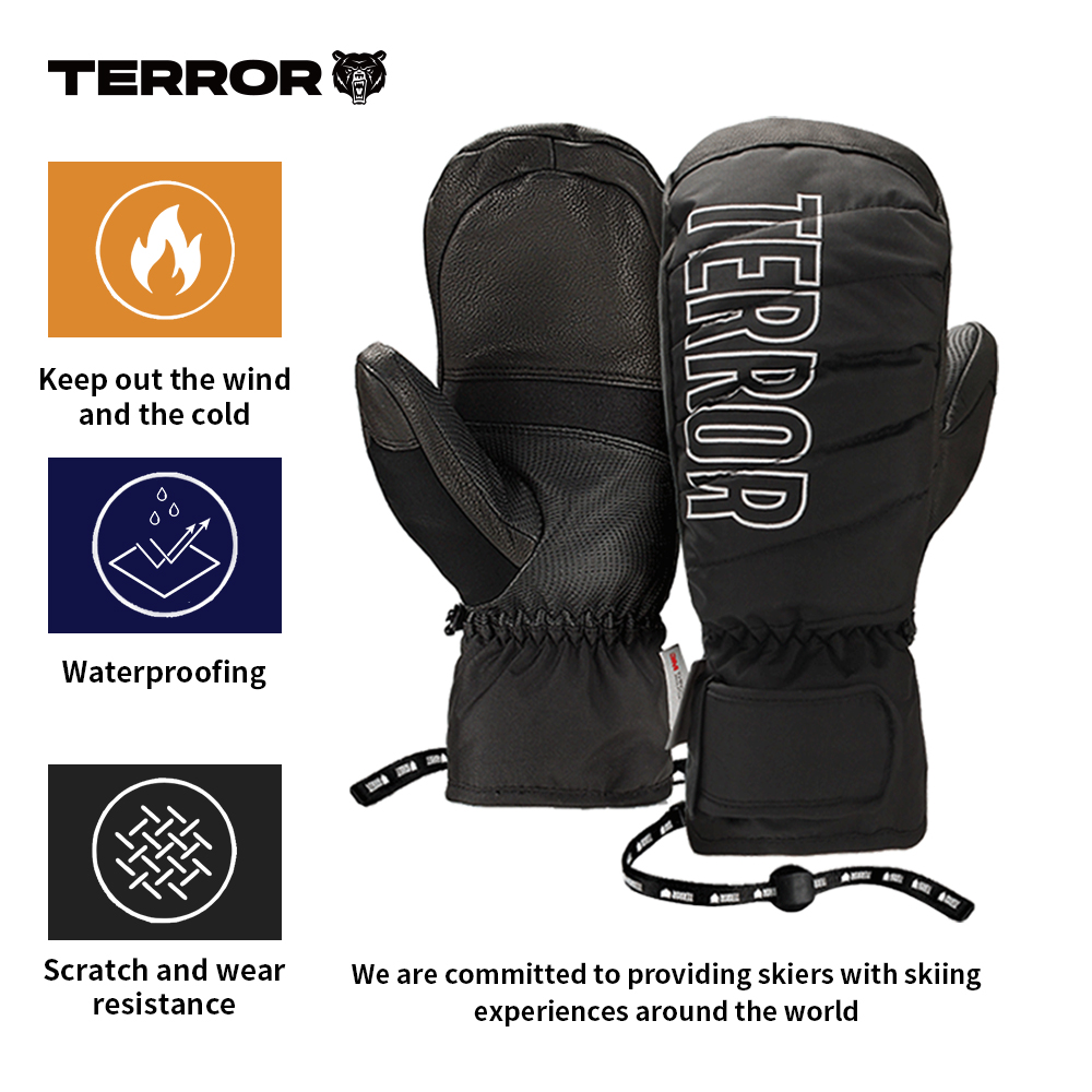TERROR CREW Ski Mittens – Waterproof Snow Gloves with 3M Thinsulate, PU Leather Palm, Warm & Windproof