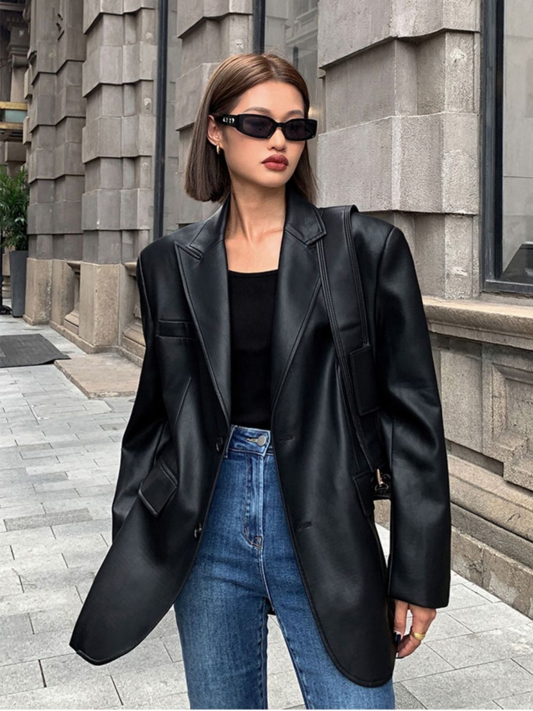 Vintage Autumn Black Brown Soft Pu Leather Blazer Women Biker Coat Long Sleeve Flap Pocket Suit Jacket Oversized Streetwear