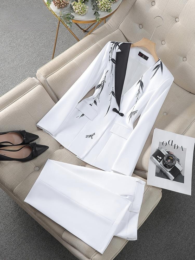 High end Pant Sets Spring Summer 2025 Splicing Collar Bamboo Leaf Chinese Button Style Fashion Temperament Women Two piece Sets