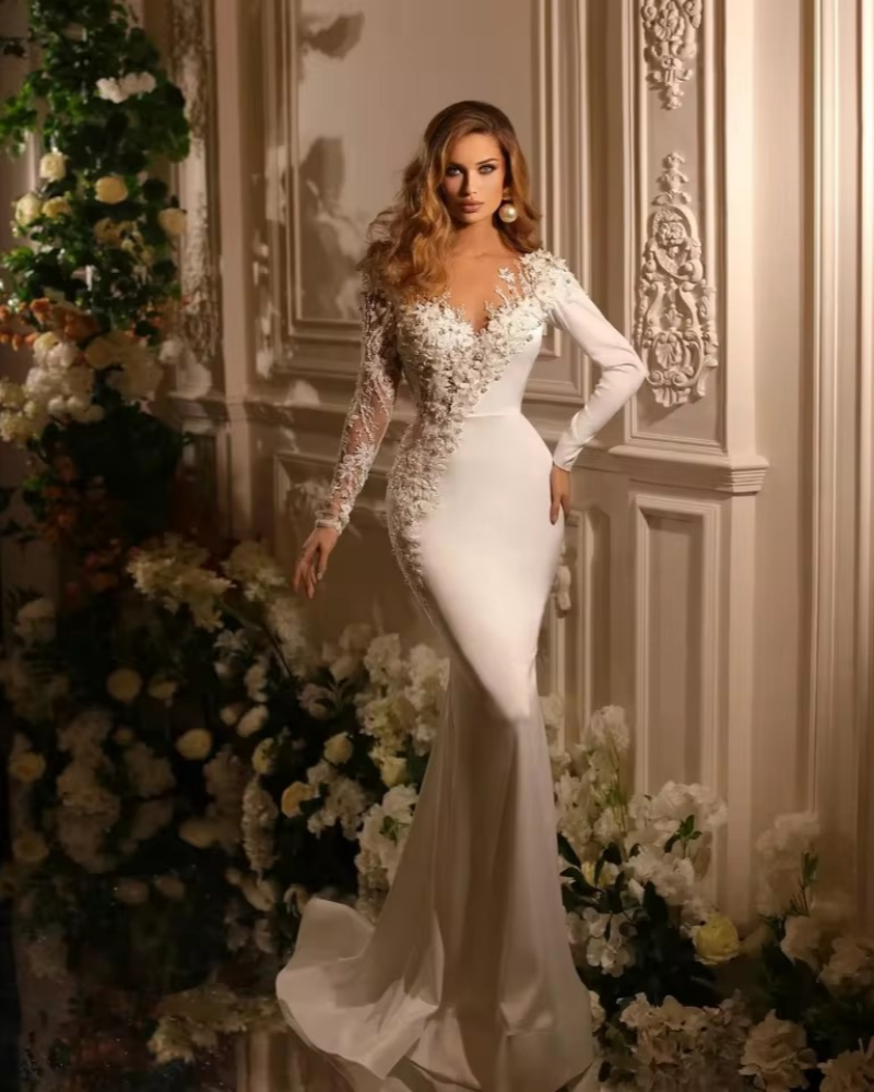 Women Satin V Neck Mermaid Wedding Dresses Long sleeves Pearls Bridal Gowns Embroidery Detachable Overskirts Customized