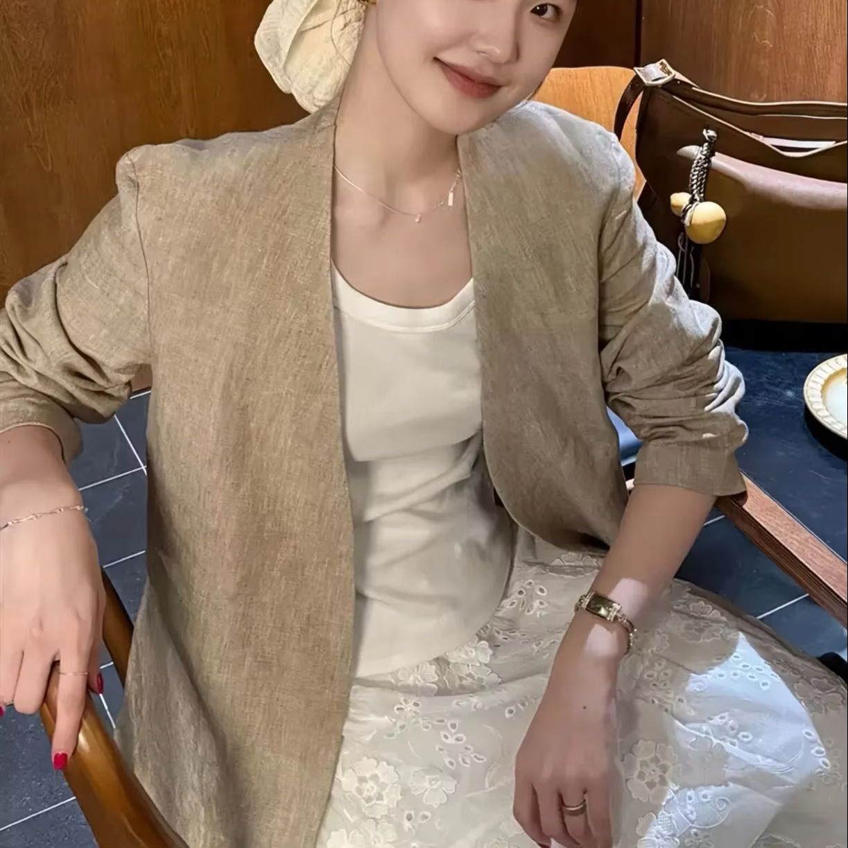 Women's casual solid color pure 100% linen collarless blazer