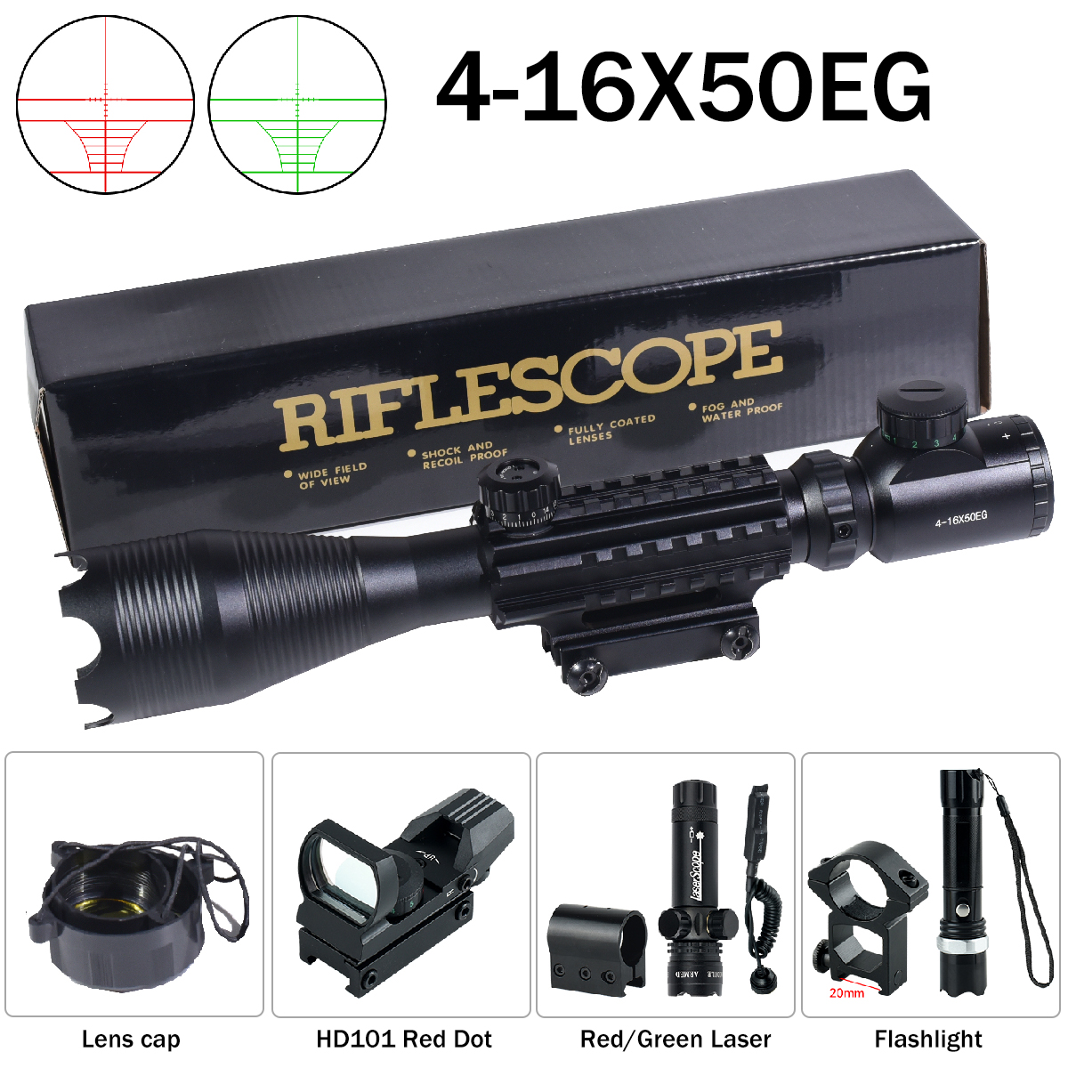 Hunting RifleScopes 4-16X50EG W/Red Dot Sight Laser Pointer Flashlight Combo Sight Adjustable Optical Scopes Fit 20mm