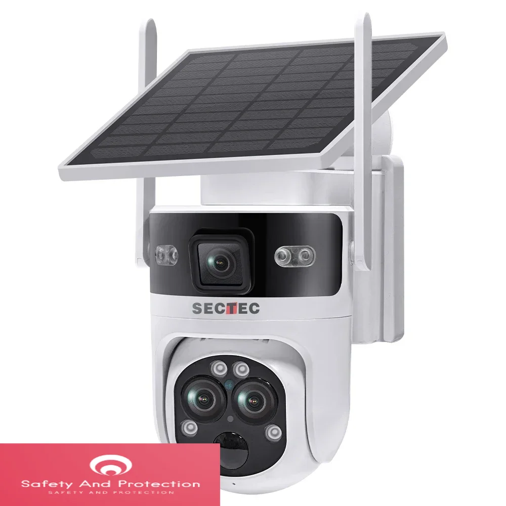 SECTEC HD 3Lens Dual Screen Viewing 4G GSM Solar Camera 15X Zoom PTZ Rotate IP65 Outdoor Camera Human Detection CCTV IP Camera