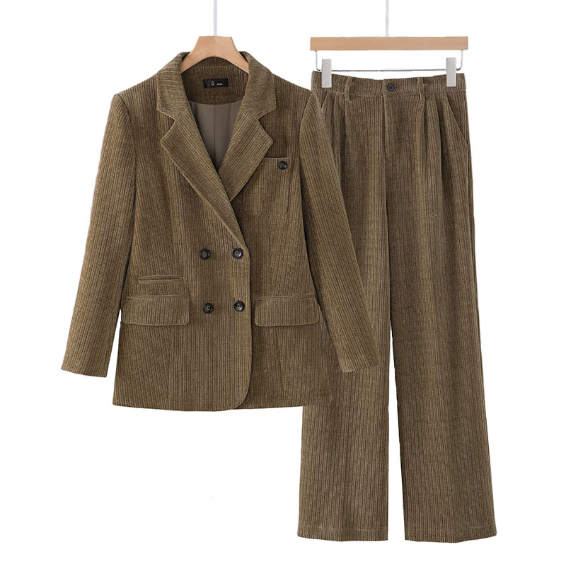 2024 Solid Autumn Winter Women Business Pant Suits Formal Elegant Corduroy Double Breasted Blazer Jacket + Wide Leg Pants