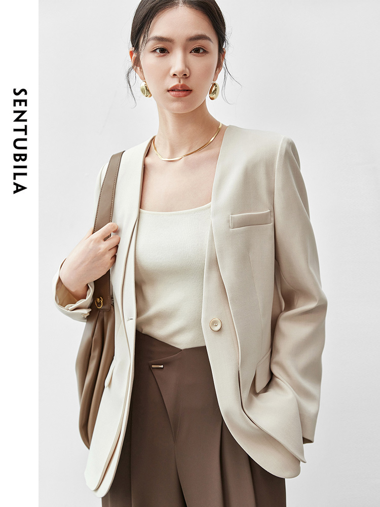 SENTUBILA Women Texture Loose Blazers 2025 Autumn V Neck 2 In 1 Suit Single Button Solid Work Business Coat 143X55891