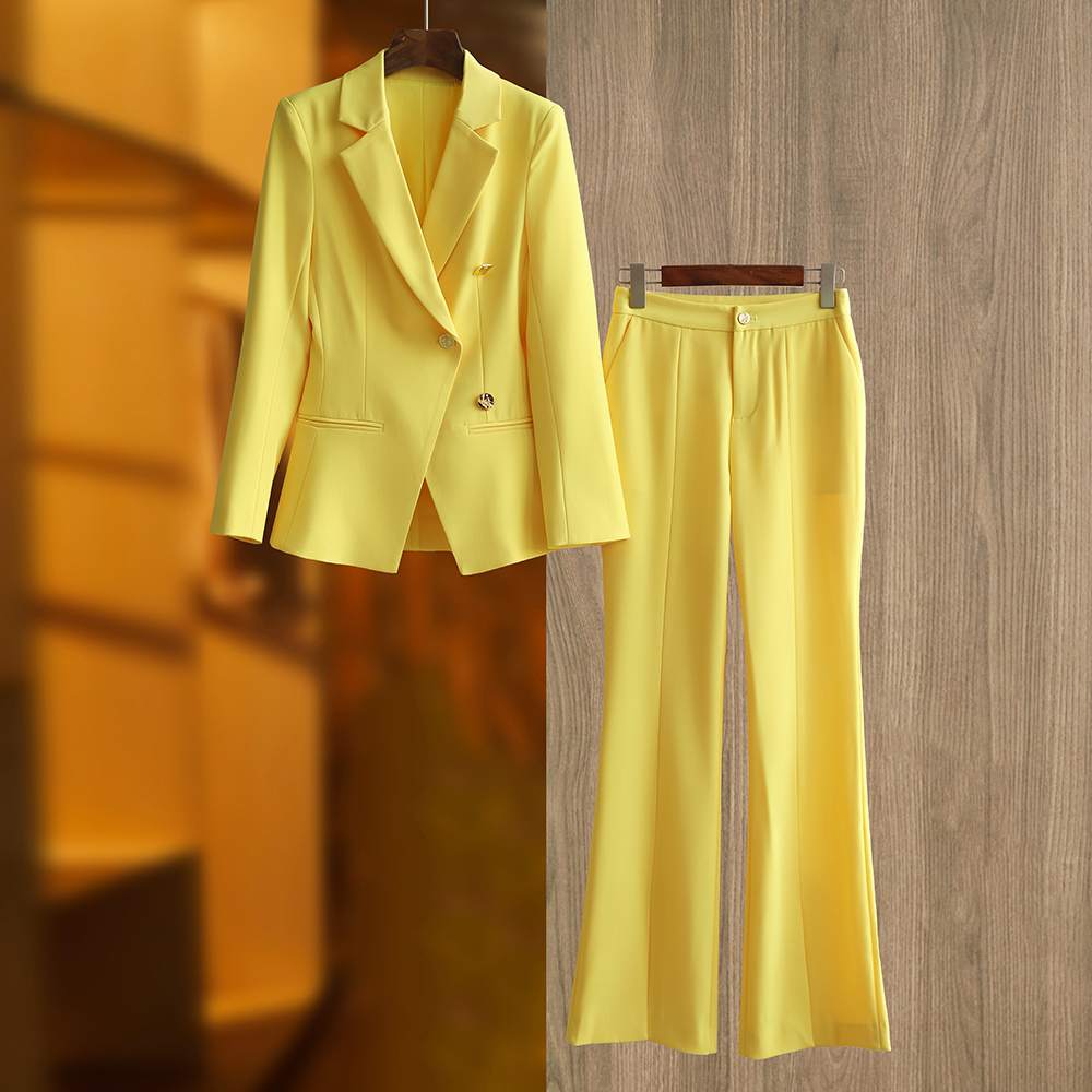 Spring New Fresh Yellow Women Suits Luxurious Stylish 2 Piece Blazer Pants Sets High Street Outstanding Collection Lady Clothing