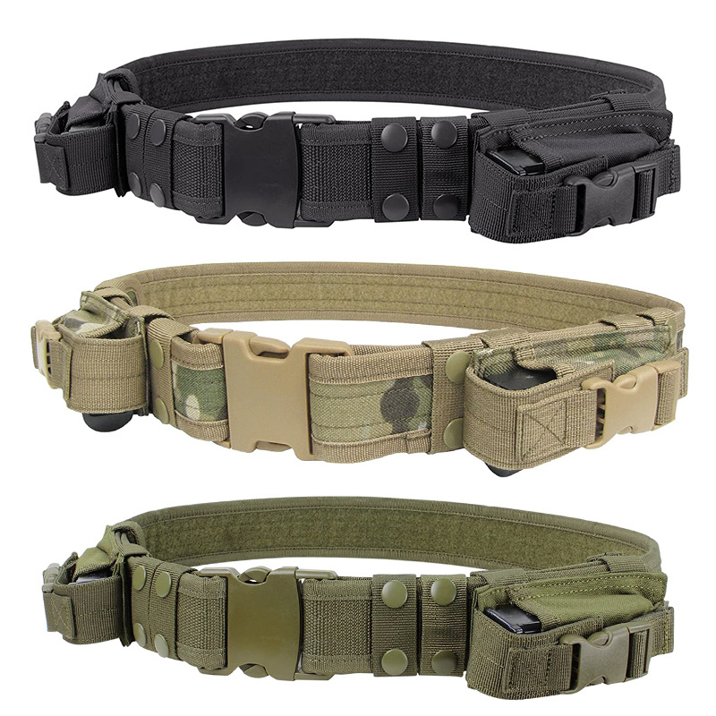 Battle Belt Tactical Heavy Duty Belt with  Quick Release Buckle With Two Pouches for Flashlight/Magazine Combact Belt