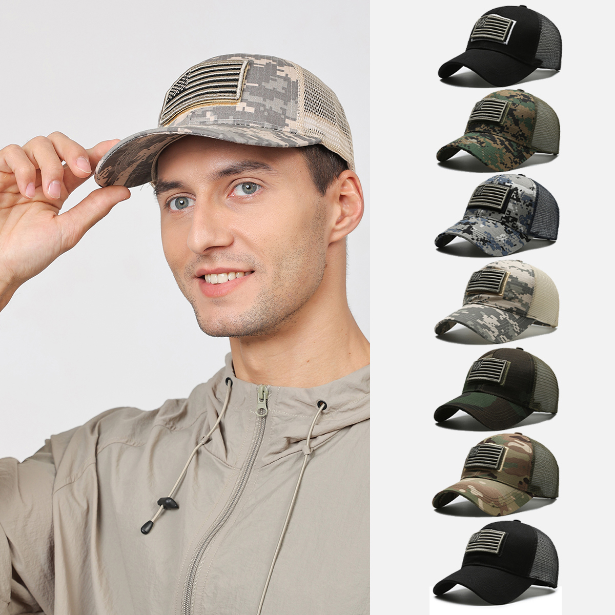 American Logo Hiking Cap Personality Sticker Embroidered Baseball Cap Mesh Hat Outdoor Velcro Cap