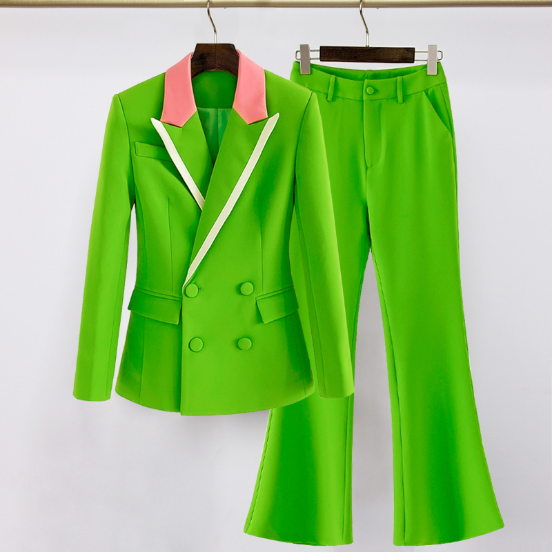 Women Pants Suit 2025 Spring Autumn Green Stitching Two-piece Elegant Color Contrast Trousers Blazer Office Sets Ladies