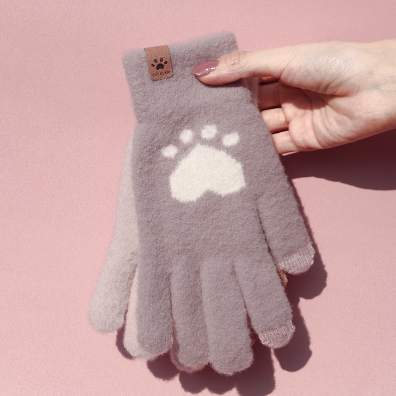Winter Cat Paw Gloves Warm Mittens Fashion Mobile Phone Touchscreen Knitted Gloves Thick Women Soft Fluffy Full Fingers Gloves