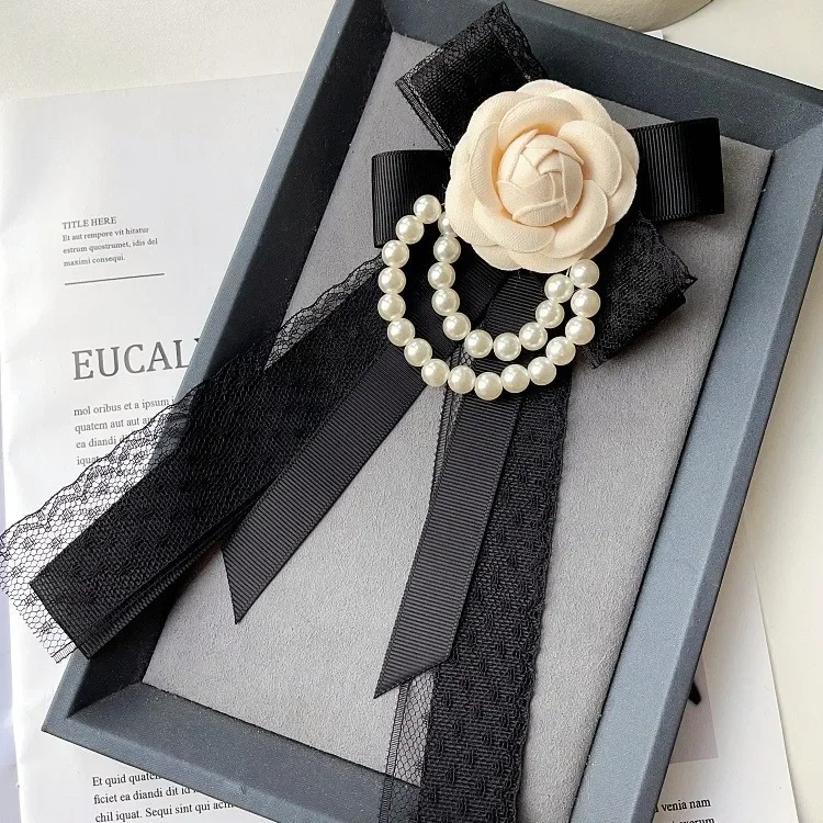 White Camellia Bow Tie Brooch Pearl Chain Lace Ribbon Handmade Jewelry Women's Korean College Style Suit Shirt Collar Flowers