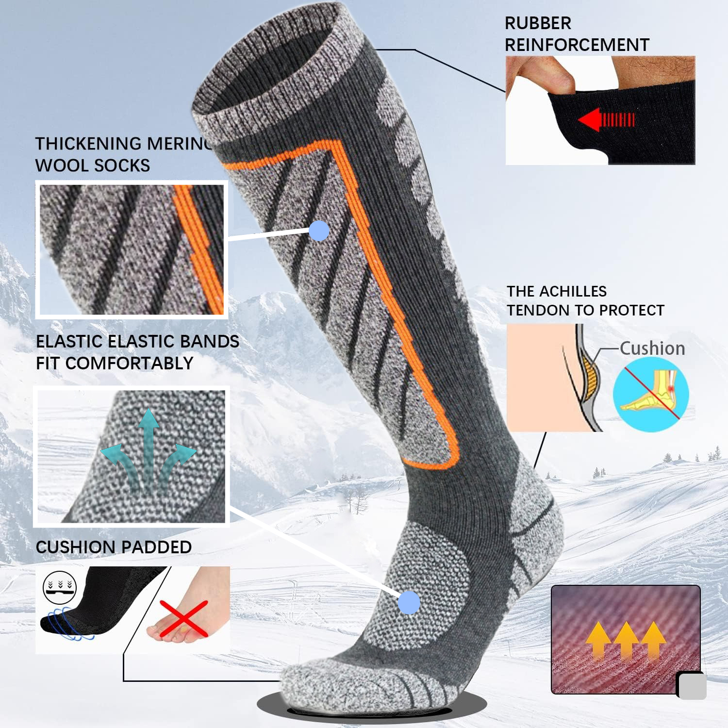 2 Pairs Thicken Ski Socks Mens Womens Skiing & Snowboarding Socks, Over The Calf