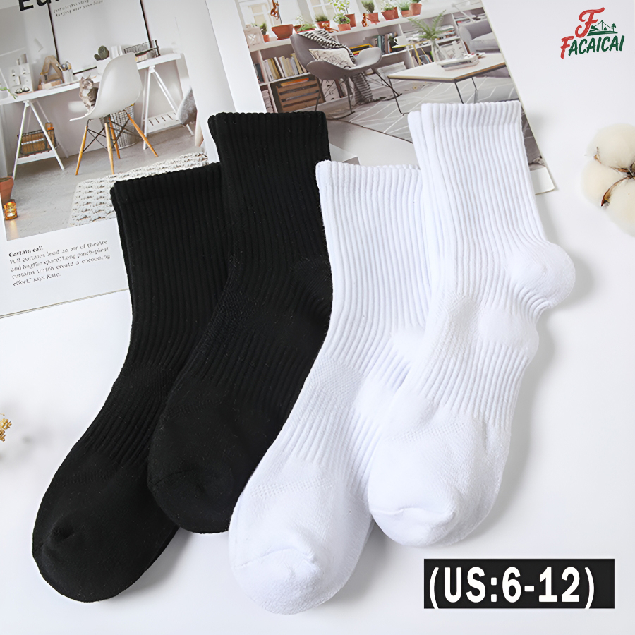 2/5 Pairs Leisure Mens Moisture Wicking Outdoor Hiking Work Cotton Socks with Compression Cushion Crew Sock, Black, White
