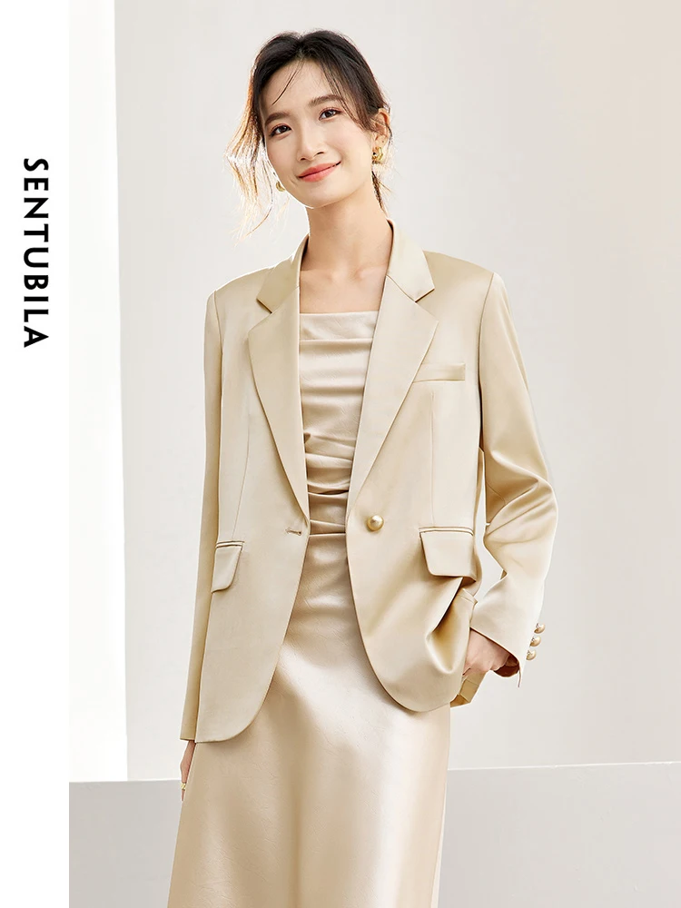 SENTUBILA Women Satin Blazers 2025 Spring Autumn Casual Notched Suit Jacket Woman Long Sleeve Female Tailored Coat 141X52993