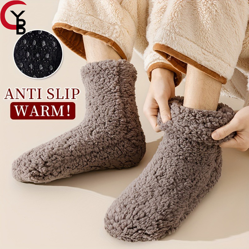 Men's Warm Thermal Non-slip Winter Solid Color Bottom Rubber Plush Sleep Socks Thickened Warm Home Floor Socks