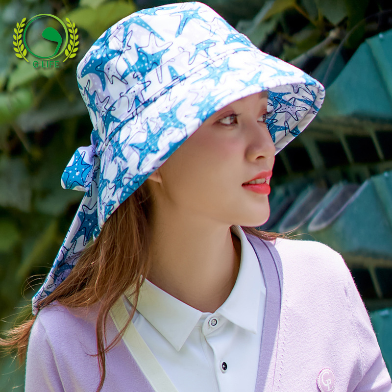 Bucket Hat Women Golf Wear Sum Protector Hat Summer Sport Casual Adjustable Hat 2025 New Blue and White Stars