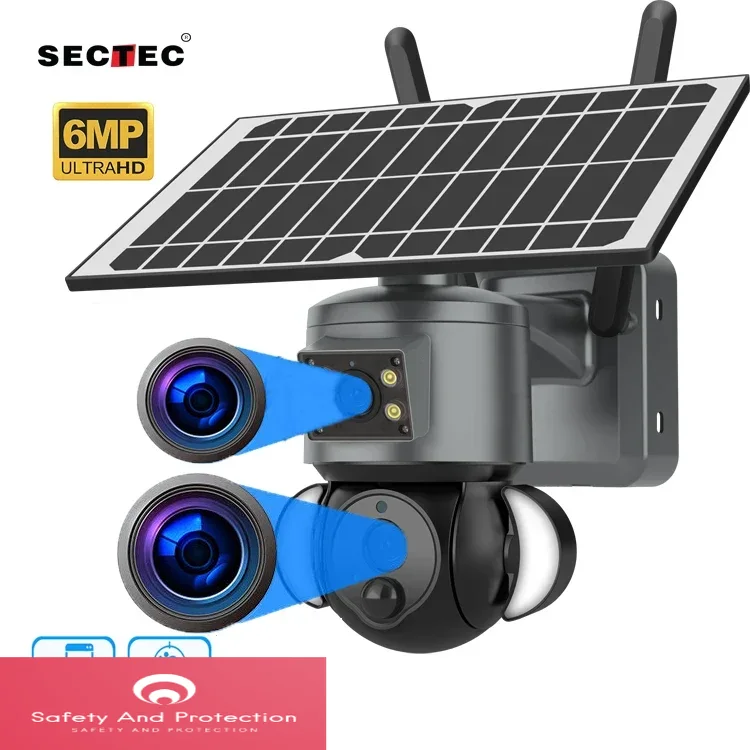 SECTEC HD 6MP Panoramic CCTV Outdoor Dome Security Surveillance PTZ Camera Dual Lens Floodlight Network 4G Solar Battery Camera