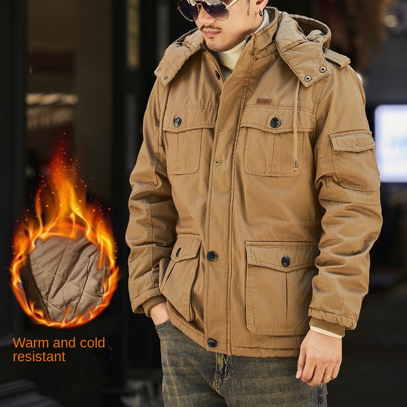 Winter Hunting Coat Men's Fleece-lined Warm Multi-Pocket Outdoor Mountaineering Cold-Resistant Hoodie Workwear Jacket