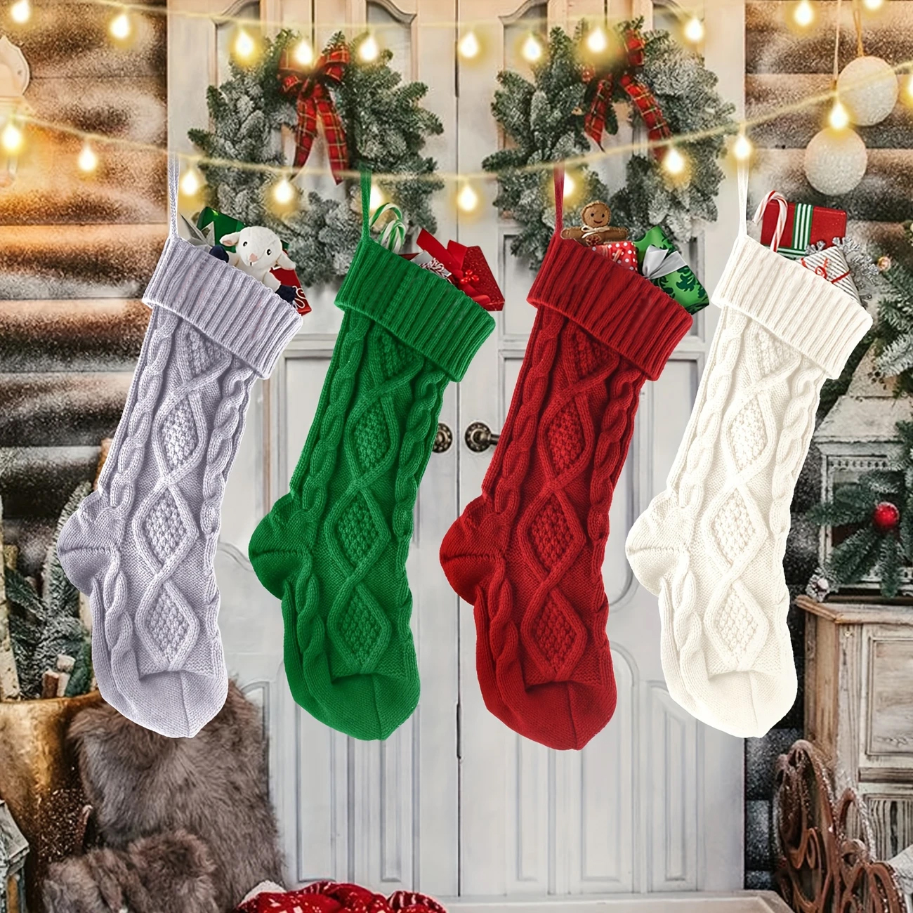 4pc Knit Christmas Stockings,Gift Hanging Decor Multicolor Christmas Stockings Other Party Decorations Hanging Bags