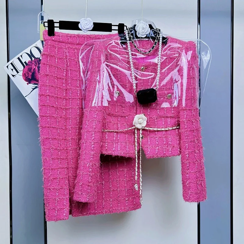 New Small Fragrance Style Set Women's Pink Design Coarse Tweed Jacket Top plus Half-length Skirt Two-piece Set Fashionable Elega