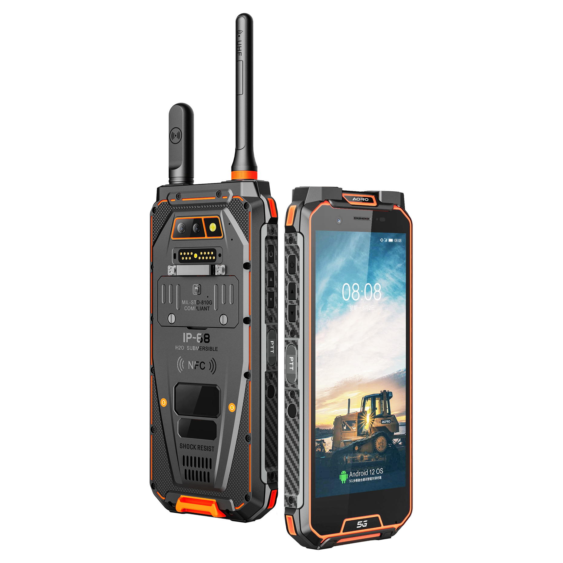 5G Aoro M5 Pro Walkie Talkie: Android 12, Long Range, ATEX, IP68 Waterproof, 13MP+48MP Camera, Rugged Handheld Two-Way Radio