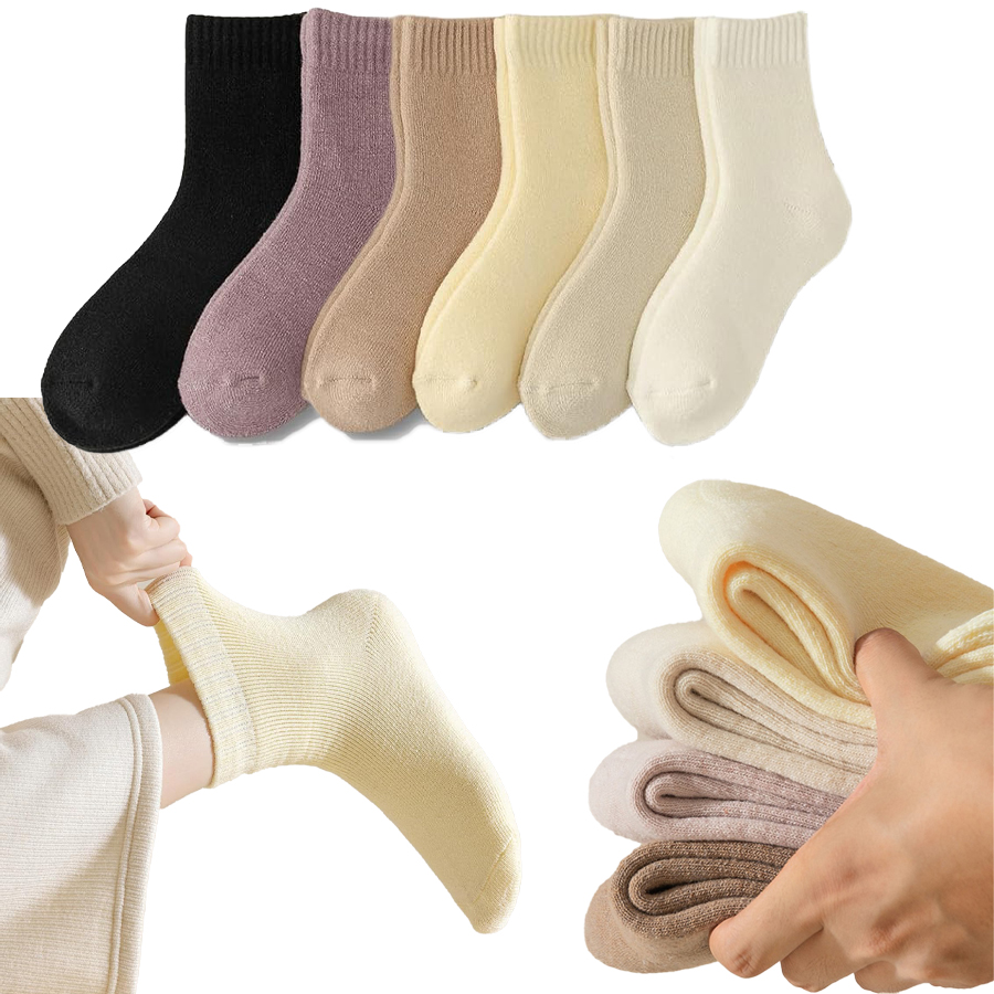 6 Pairs Warm Winter Wool Socks,Cashmere Socks in Gentle Colors, Plain Color Versatile Ins Style Warm Confinement Socks