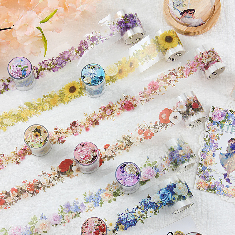 Journamm 50mm*2m PET Flowers Tapes Sunflower Rose DIY Scrapbooking Art Collage Photo Album Waterproof Tapes Creative Stationery