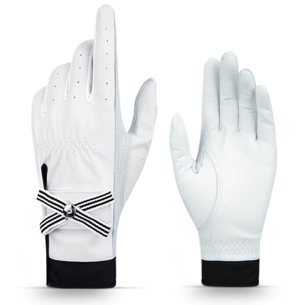 1 Pair Breathable Sheepskin Women's Golf Gloves Comfort Non-slip Full Finger Golf Gloves Soft White Sheepskin Bow Golf Gloves