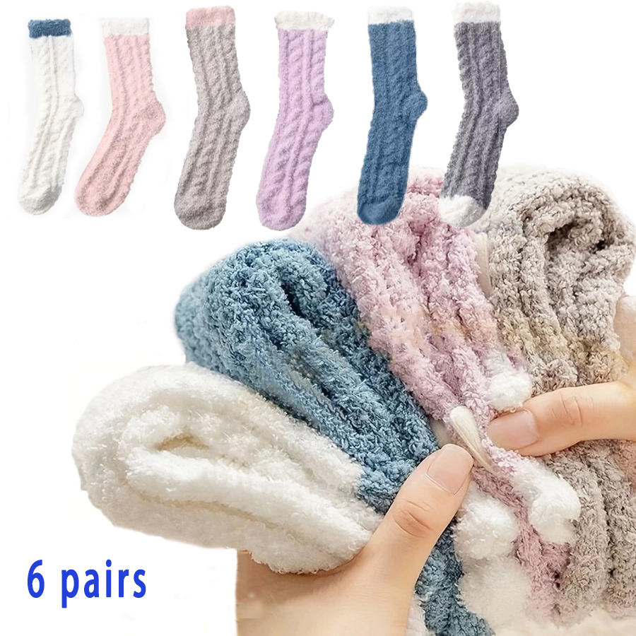 6 Pairs Women's Coral Fleece Sleep Socks,Winter Thickened Warm Floor Solid Color Home Sleep Socks Towel Socks