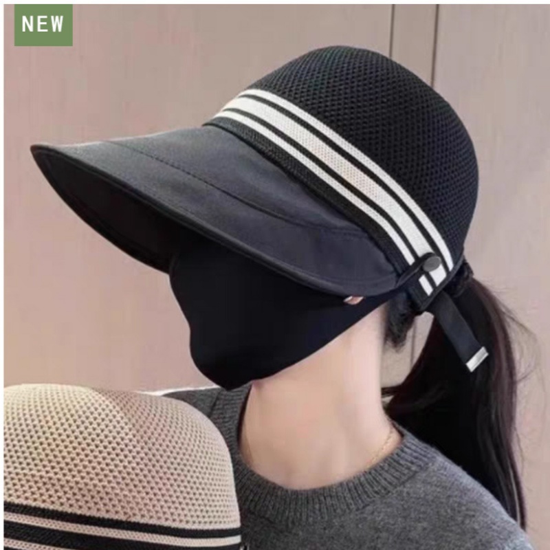 Sunscreen Hat Striped Splicing Knit Top Breathable Large Brim Sun Hat Women Cycling Sun Hat UPF50+