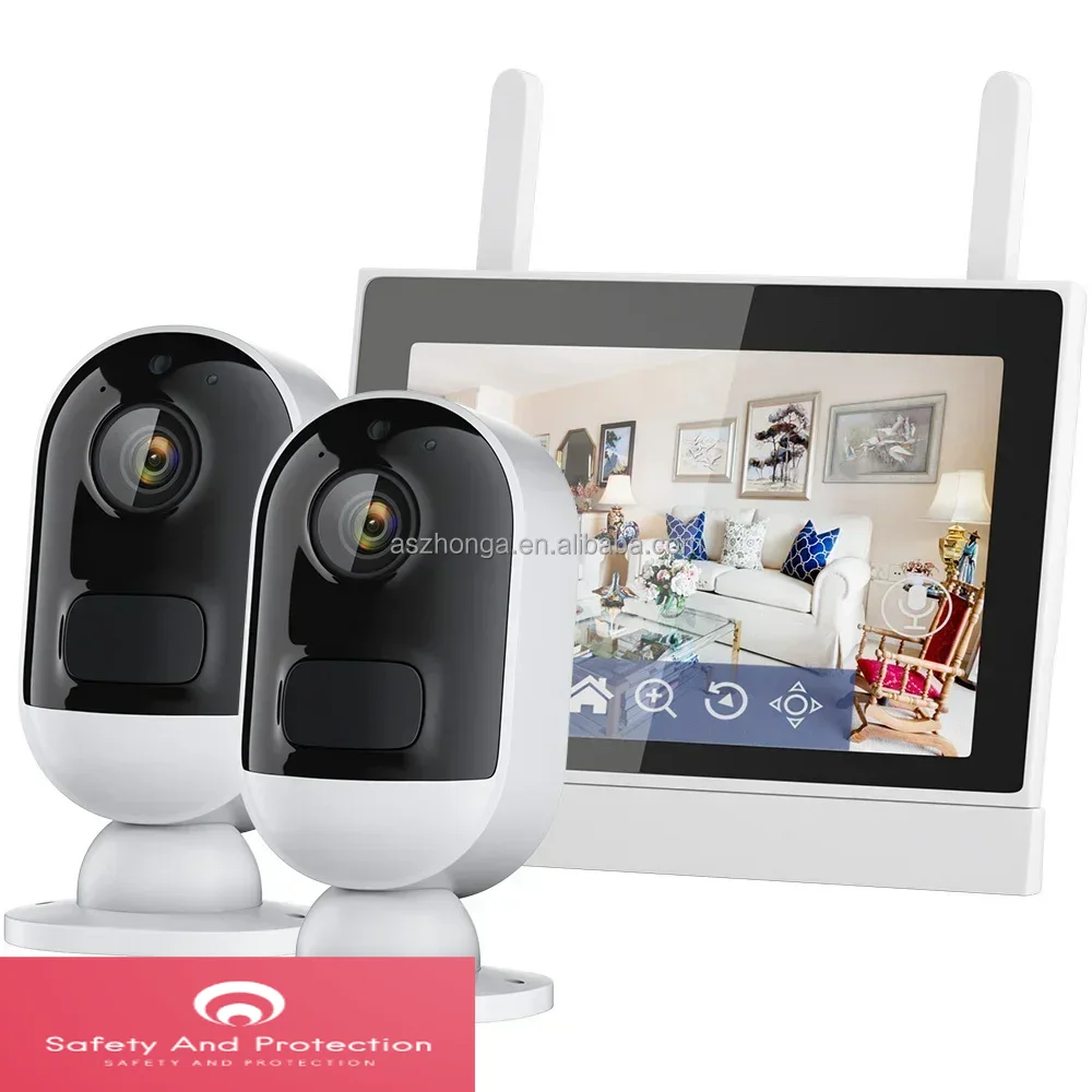 2/4CH Mini Smart Wireless Ip Network Security Home Surveillance CCTV Battery Camera System 3MP WiFi 7 Inch LCD Nvr Kit