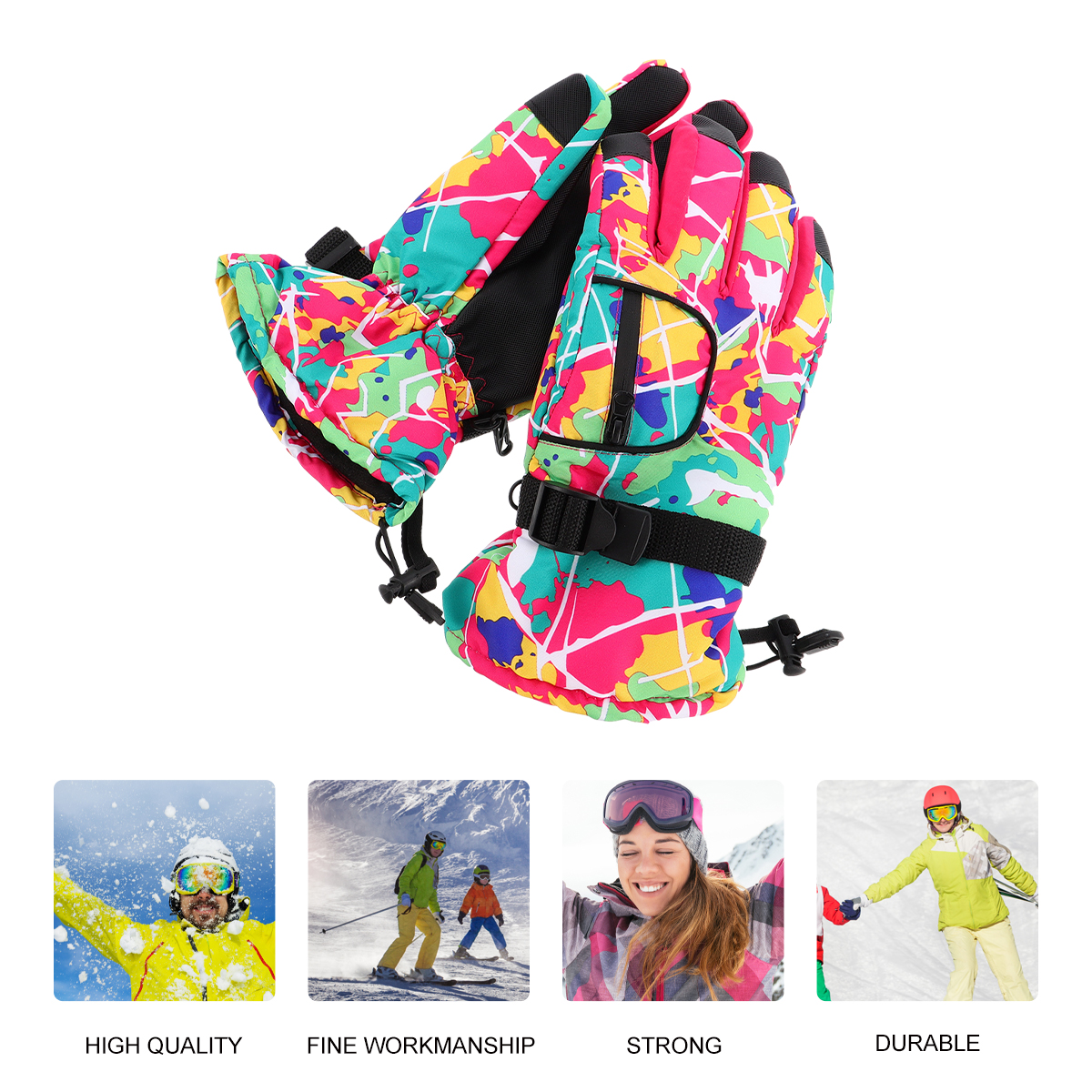 Winter Warm Hand Gloves Waterproof Outdoor Child Skiing Snowboarding Long Lined Anti Slip Durable Adjustable Buckle