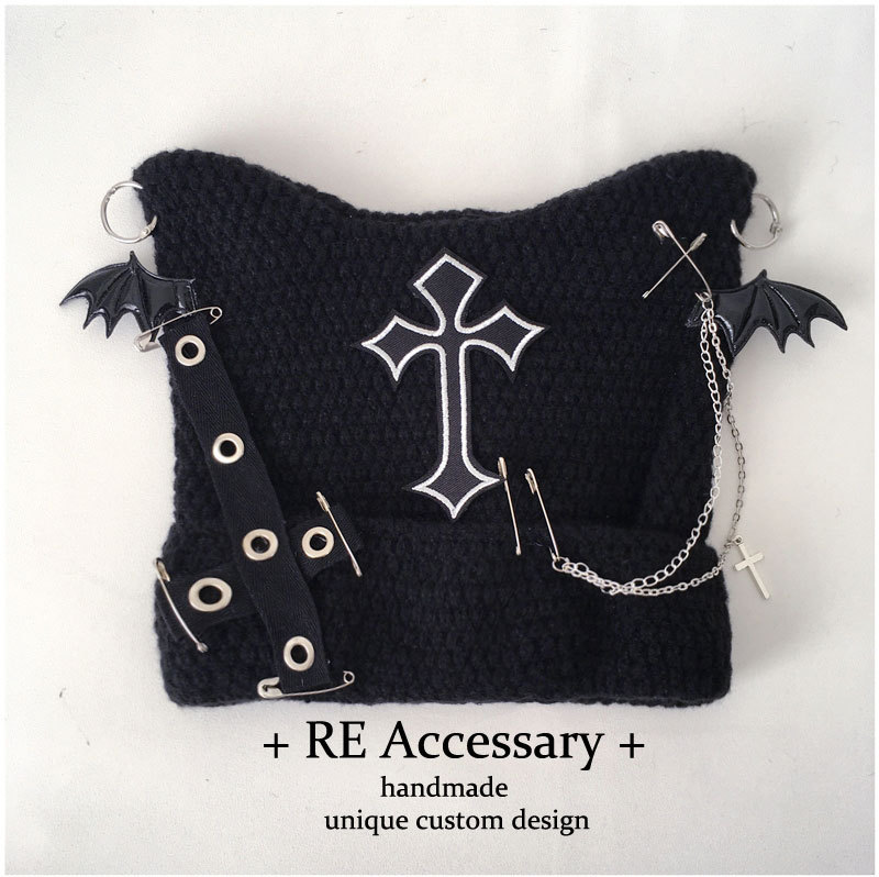 Gothic Cat Ear Bat Wing Black Bean Hat Punk Cross Chain Knitted Hat Women's Winter Warm Chic Street Wear Abi Hat