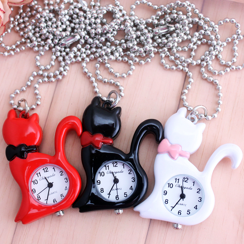 2025 CYD kids ladies women lovely cat pocket watches children necklace jewelry key chains luxury quartz fob watches reloj mujer