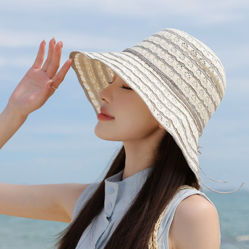 Summer Hollow Lace Straw Hat Women Outdoor Beach Seaside Sunscreen Sun Hat Large Brim Sunshade Fisherman's Hat