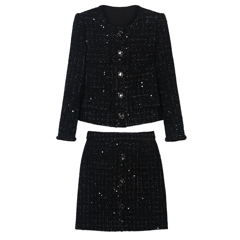 2025 new fashion, elegant and comfortable black design niche tweed suit temperament coat skirt two-piece set