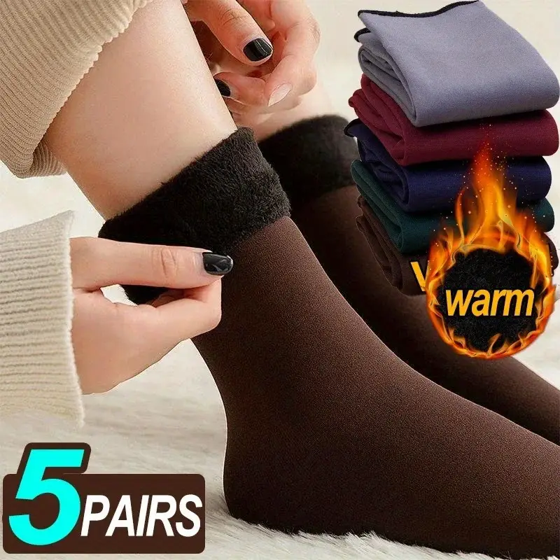 5 PairsThermal Mid-Calf Socks - Thickened  Thick Winter Warmth with Soft Velvet-Lined Cuffs,Soles for Indoor/Outdoor Use