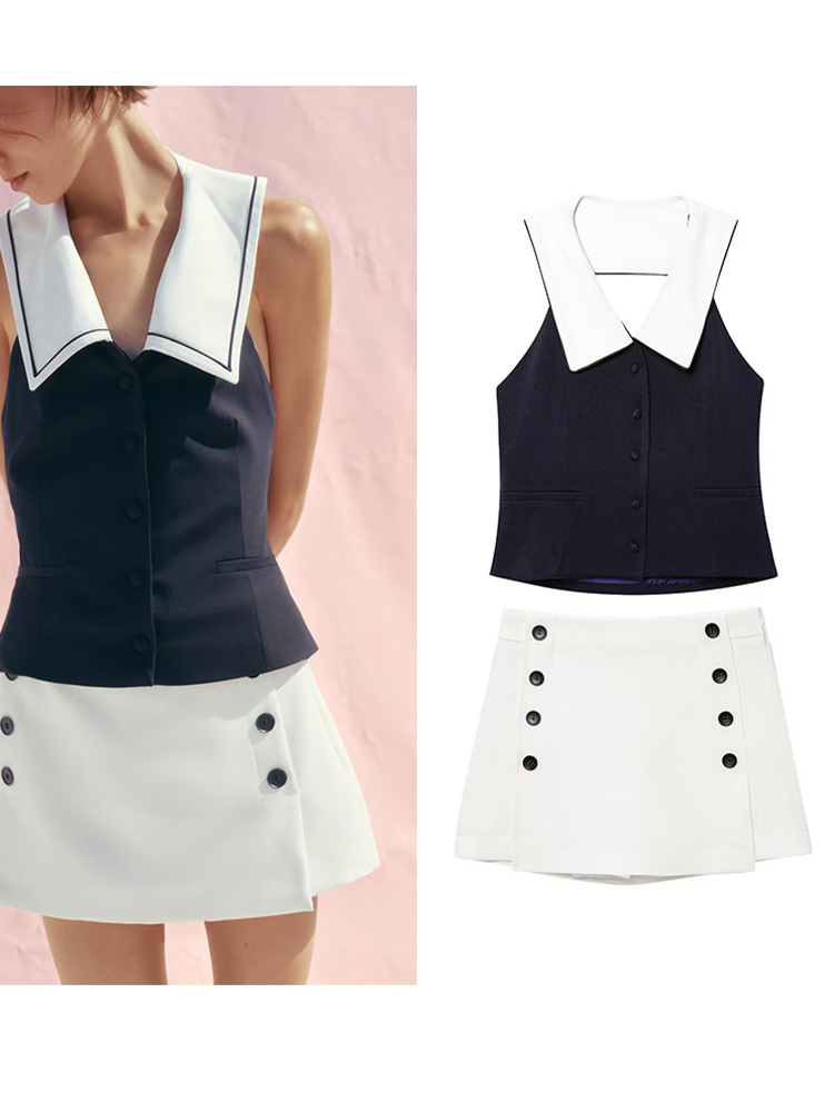 High Waist Skirt Set Women 2PCS Patchwork Piping V Neck Waistcoat Women Skort With Buttons 2PieceSet Women Outfitensemble femme