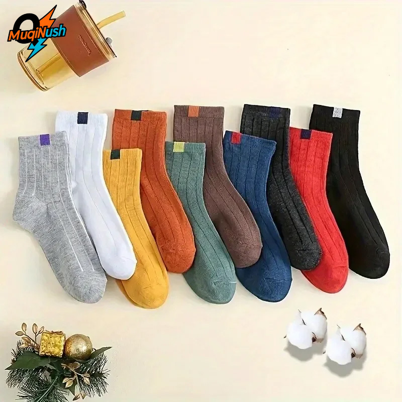 MuqiNush 10 Pairs Men Women Winter Warm Sports Solid Color Striped Socks, Cycling Hiking Running Workout Black White Ankle Socks