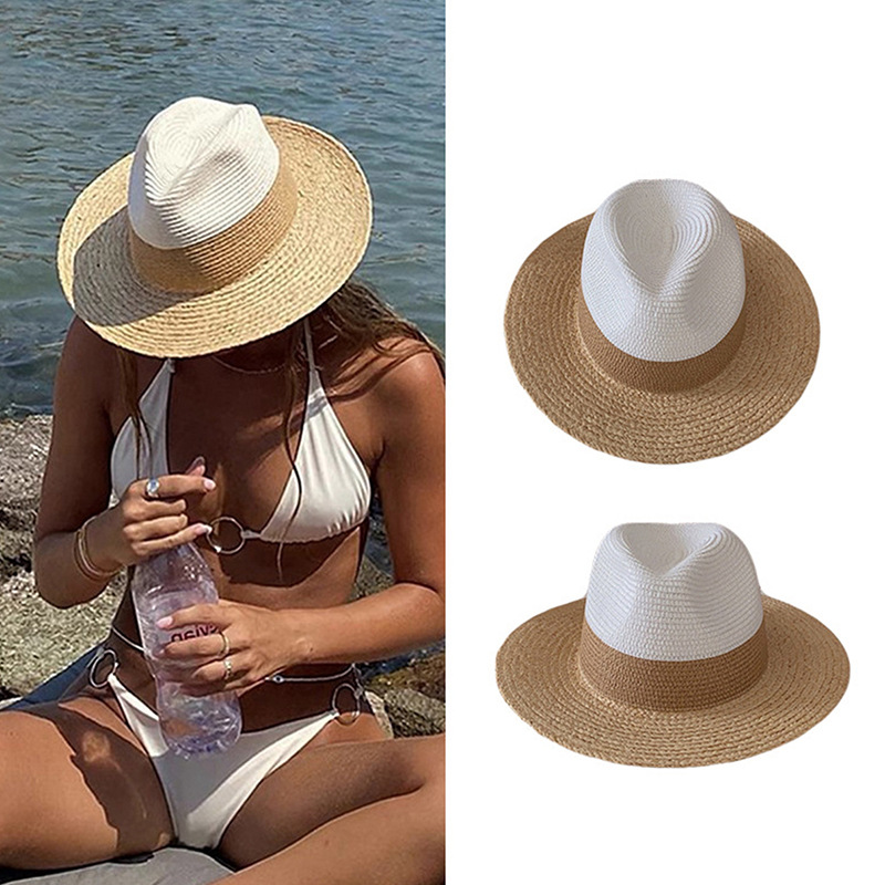 Hat Women Summer Shade Raffia Straw Hat Large Brim Show Face Small Outdoor Beach Sunscreen Sun Hat White Woven UPF50+
