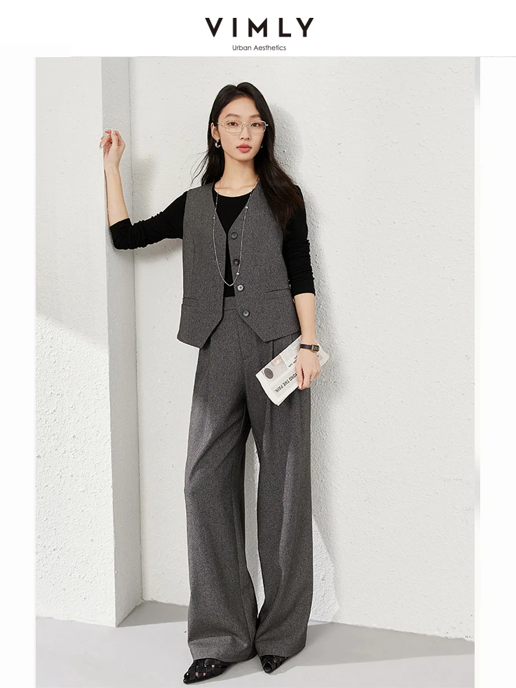 VIMLY Women Simple Casual Pant Blazer Suits 2025 Spring V-Neck  Single Breasted Blazer Vest Top+Wide Leg Pants Office Lady Sets
