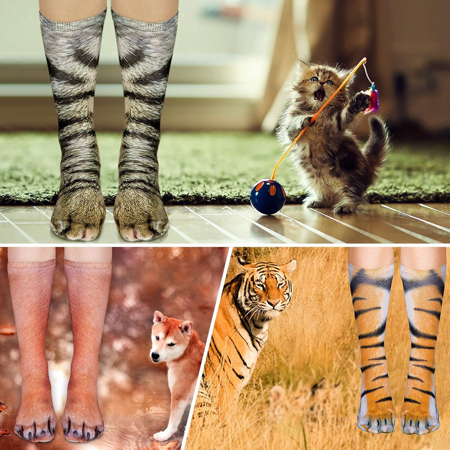 1Pair 3D Simulation Animal Cat Dog Foot Long Socks Unisex Funny Cotton Fashion Leopard Tiger Harajuku Christmas Middle Tube Sock