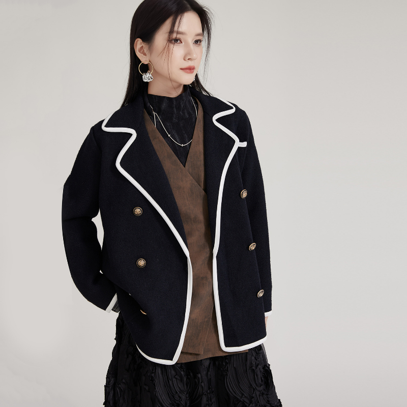 Black suit double-sided coat women winter blazers double-breasted H-shaped minimalist style contrast color coat niche retro tops
