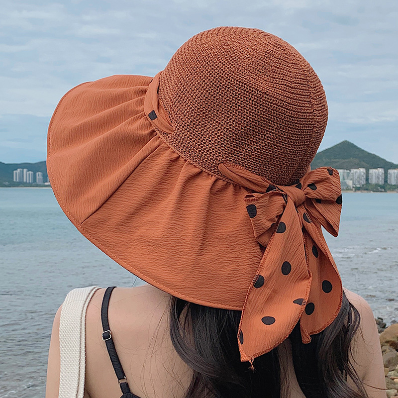 Polka Dot Fluttering Strap Vinyl Large Brim Face Sunscreen Sun Hat Women Breathable Patchwork UPF50+