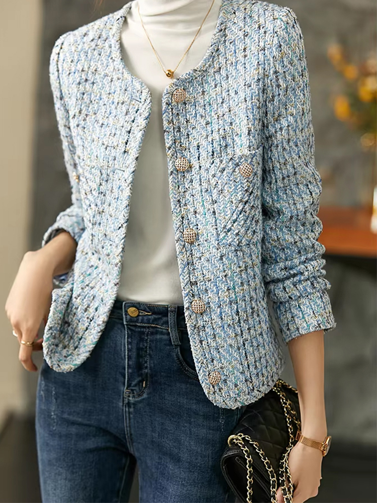 Cropped Tweed Jacket for Women 2025 Elegant Autumn Elegant Fashion Outerwear O-Neck Short Coats Woman's Clothing blazer feminino